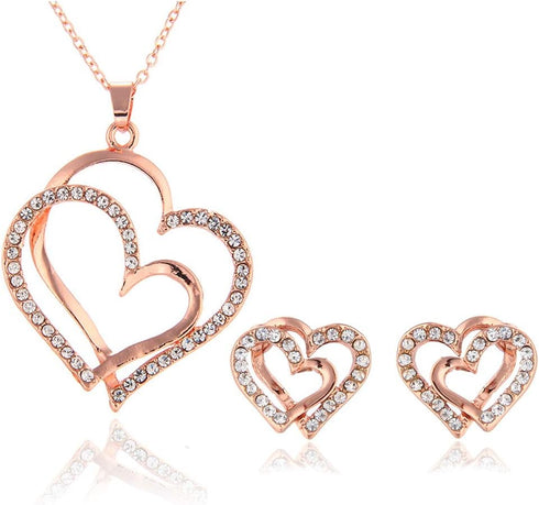 14K Rose Gold Silver Double Heart Shaped Necklace Shiny Crystal Stud Earrings Wedding Jewelry Set Best Gifts...