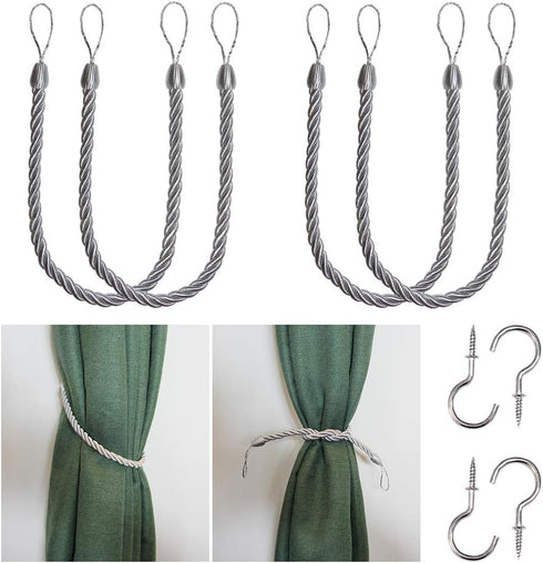 BEL AVENIR Curtain Rope Tiebacks, Drapery Rope Holdbacks with 4 Metal Screw Hooks, 2 Pair - Silver...
