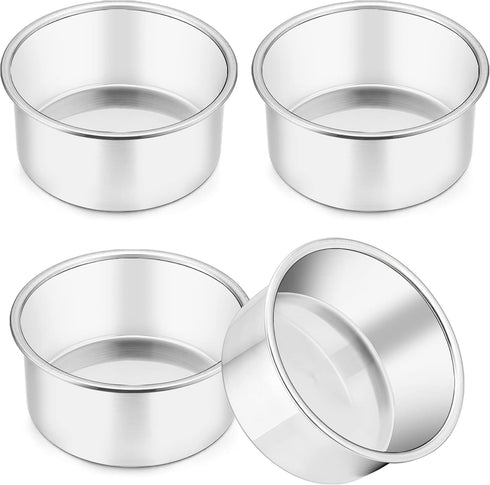 TeamFar 4 Inch Cake Pan, 4 Pcs Mini Cake Pan Round Tier Baking Tins Set Stainless Steel, For Baking Steaming Serving, Healthy & Sturdy, Mirror Fin...