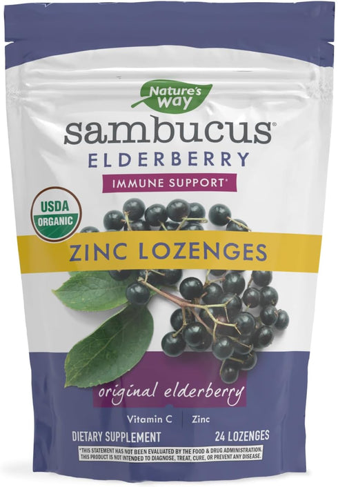 Nature’s Way Sambucus Organic Zinc Lozenges, Elderberry and Zinc Lozenges with Vitamin C, Certified Organic, 24 Lozenges...