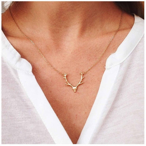 Boho Deer Antler Choker Necklace Gold Elk Head Pendant Necklace Bohemia Antler Deer Choker Cute Animal Necklace Chain Jewelry for Women and Girls...