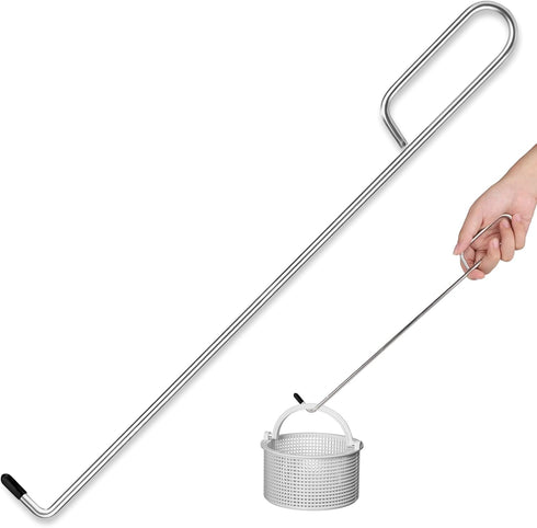 Swimming Pool Skimmer Basket Hook, 14.57in Long Skimmer Lid Lifting & Remover Tool Stainless Steel Skimmer Basket Extension Handle Debris Cleaner ...