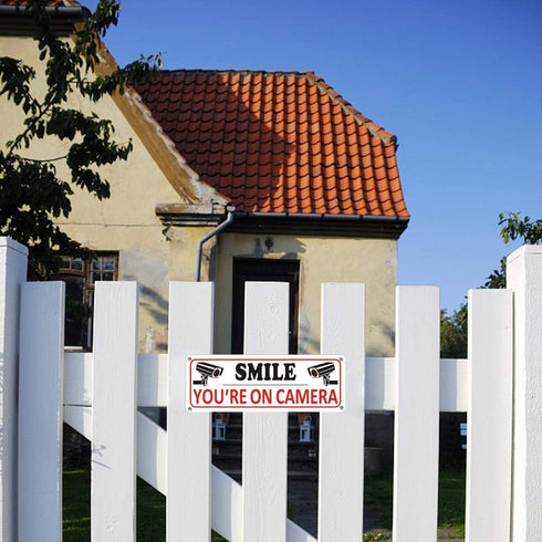 Smile You're on Camera Sign, 2 Pack Video Surveillance Sign, 10" x 3.5" Home Security Signs for House Business, Metal Camera Warning Sign Outdoor,...