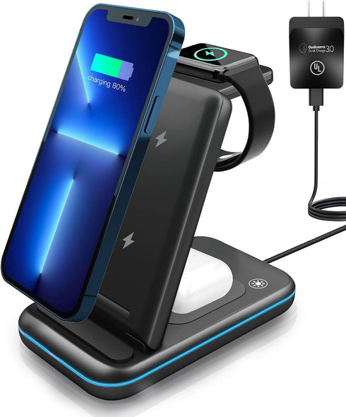 MSTJRY Wireless Charging Station, 3 in 1 Wireless Fast Charger Stand for iPhone 15/14/13/12/11/Pro/Max/XS/XR/X/8/Plus, for Apple Watch Ultra 8/7/6...