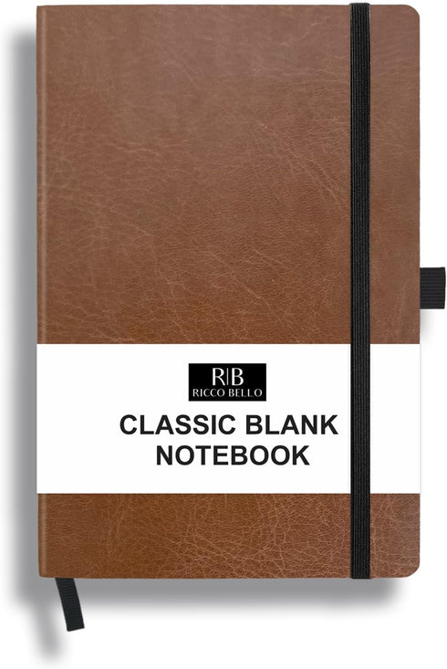RICCO BELLO Blank Page Hardcover Notebook with Lined Writing Guide, Pen Loop, Band Closure, Bookmark, Storage Pocket, 5.7 x 8.4 inches (Brown)...