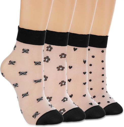 4 Pairs See Through Socks Elastic Womens Sheer Socks Thin Transparent Mesh Socks Clear Nylon Socks Lace Ruffle Sheer Crew Socks Women Fashion...