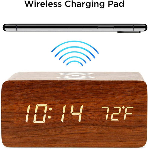 OCT17 Alarm Clock with Qi Wireless Charging Pad Compatible with iPhone Samsung Wood LED Digital Clock Sound Control Function, Time Date, Temperatu...