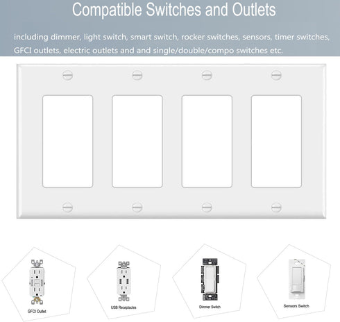 4-Gang Switch Outlet Wall Plate Cover Decorator Electrical Faceplate for Light Switch, Smart Switch, Receptacle, Dimmers, USB Outlet, GFCI, White ...