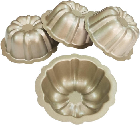 Carbon Steel Mini Bundt Cake Pans, 4 Inch Metal Nonstick Fluted Cake Pan, 4Pcs Kugelhopf Mould for Baking Buntcake Bundtlet Bavarois Cupcake Brown...