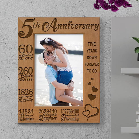 KATE POSH 5th Anniversary Engraved Natural Wood Picture Frame and Gifts, 5th Wood Wedding Anniversary (5x7-Vertical)...