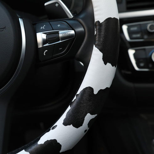 Leather Steering Wheel Cover, Universal 15 inch Breathable Anti-Slip Car Cow Steering Wheel Cover for Women Men, Black&White...