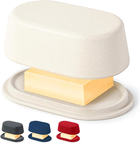 Eco Modern Bamboo Fiber Butter Dish with Lid For Countertop – White Butter Crock Holder – Small Tray Fits Kerrygold, European Style Sticks - Dishw...
