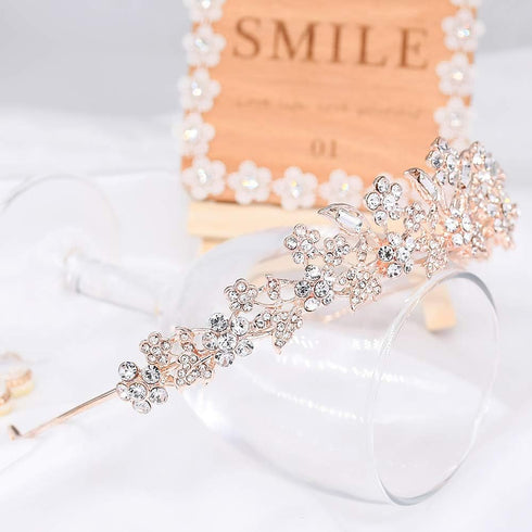 Bridal Rhinestone Crystal Tiara Crown for Women Flower Girls Wedding Prom Birthday Pegeant Veil Tiaras Headband, Rose Gold...
