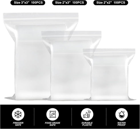 Small Plastic Bags, 300 Count 2 Mil Transparent Resealable Zipper Lock Bags, 3 Assorted Sizes 2x2 2x3 3x3 IN Storage Baggies for Daily Vitamin, Sm...