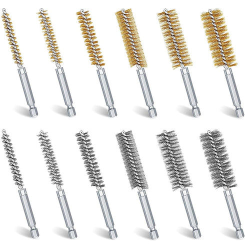 12 Pcs Bore Brush for Drill, Variety of Size Stainless Steel Cleaning Brush, Power Drill Impact Driver Pipe Hex Drill Shank Drill Wire Brush Set f...