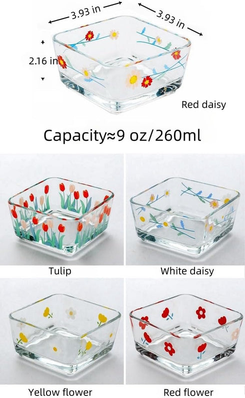 9 OZ Mini Floral Candy Dish Small Tulip Glass Candy Bowl for Dessert,Snack,Fruit,Yogurt,Dipping,Side Dishes,Kitchen Prep,Clear Square Dessert Bowl...