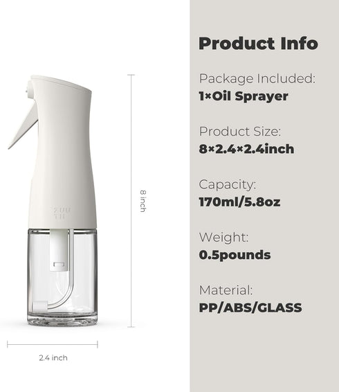 Zuutii Oil Sprayer for Cooking, 170ml Olive Oil Sprayer Mister, Olive Oil Spray Bottle for Salad, BBQ, Continuous Spray with Portion Control, Kitc...
