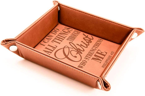 KATE POSH - Philippians 4:13 - I can do All Things Through Christ who Strengthens me Engraved Leather Catchall Valet Tray, Christian & Catholic Gi...