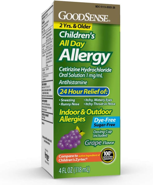 GoodSense Children’s All Day Allergy, Cetirizine Hydrochloride Oral Solution 1 mg/mL, Grape Flavor, 4 Fluid Ounces...