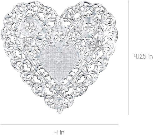 Hygloss Heart Doilies - 12 Pcs 4-Inch Silver Foil Paper Heart Shaped Doilies for Valentines Crafts, Table Settings - Metallic Silver - Ideal for V...