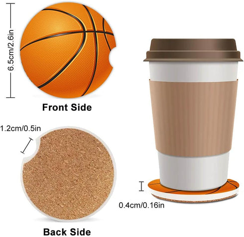 Basketball Absorbent Car Coasters,Cool Ceramic Cup Holders Coasters with a Finger Notch for Women Men 2.56"(2 Pieces)...