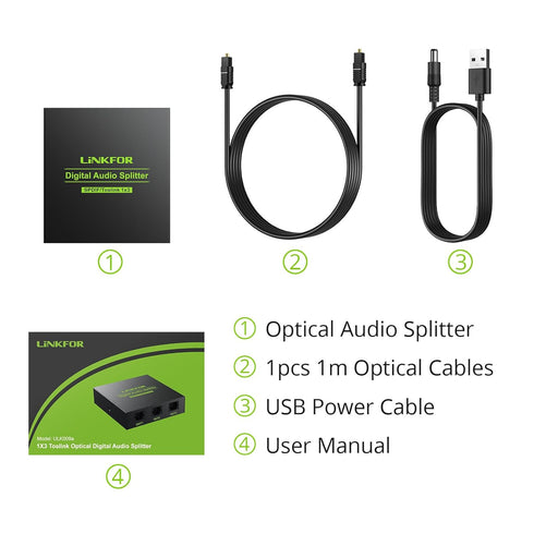 LiNKFOR Digital Optical Audio 1x3 Splitter Digital SPDIF Toslink Optical Fiber Audio Splitter 1 in 3 Out Aluminum Alloy with Optical Cable Support...