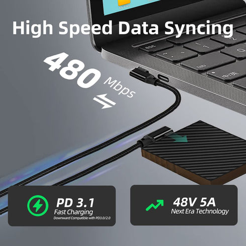 240W USB C to USB C Cable 10FT,PD 3.1 Type C to C 5A Fast Charging Cable Right Angle for MacBook Pro/Air, iPad Pro12.9/11/Air,iPhone15/15Pro/15Plu...