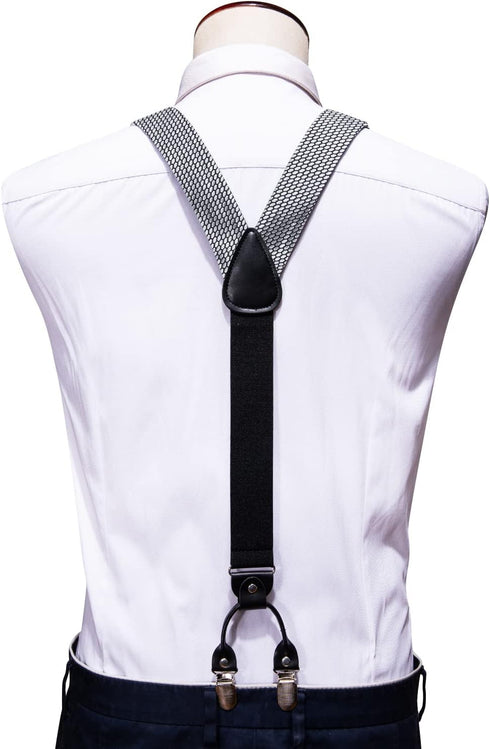 Barry.Wang Suspenders and Bow Tie Set for Men Solid Paisley Bowtie Y Shape Brace Handkerchief Cufflinks 6 Strong Clips...