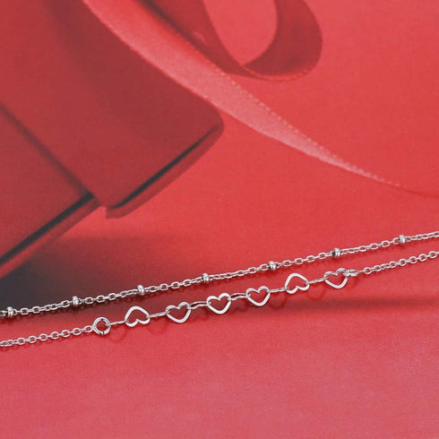 Sterling Silver Jewelry - Rhodium Plated with 925 Stamp - Interlinked Heart theme Anklet - Elegant handcrafted Double layered Chain Anklet for Wom...