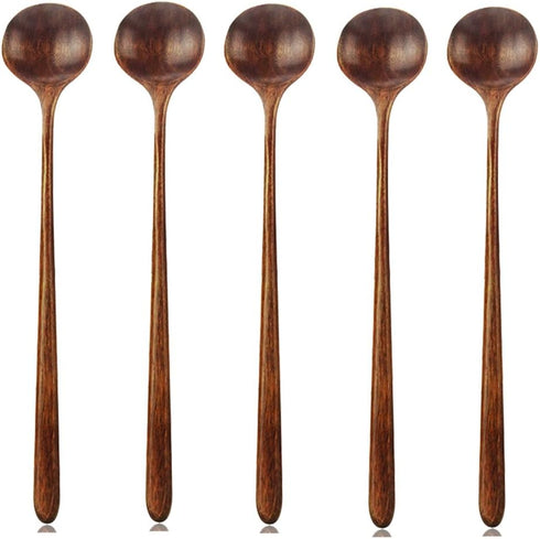 Long Spoons Wooden, 5 Pieces Korean Style 10.9 inches 100% Natural Wood Long Handle Round Spoons for Soup Mixing Stirrer Kitchen Tools Utensils, F...