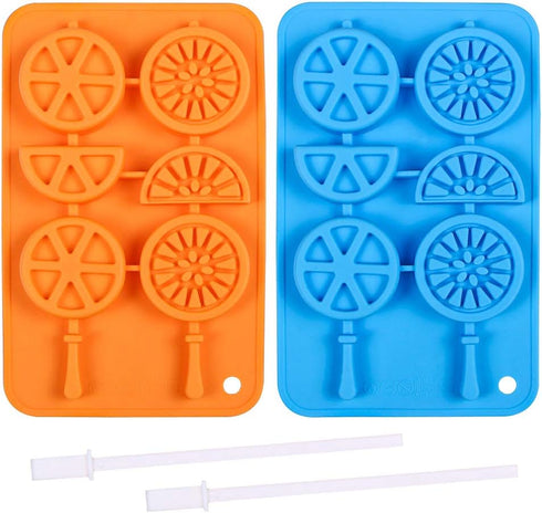 Webake Ice Cube Trays Silicone Fruit Molds, Ice Cube Fruit Popsicle Molds with Reusable Sticks, 2 Pack Giant Lollipop Mold, Fruit Shape Chocolate ...