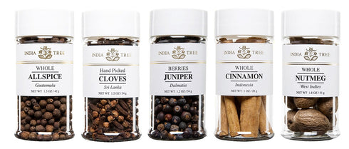 India Tree Winter Holiday Spice Gift Pack - Cinnamon, Nutmeg, Cloves, Allspice, and Juniper Berries - 7.7 Ounces Total...