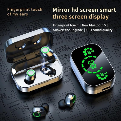 Bluetooth 5.3 Portable True Wireless Earbuds Headphones Smart Touch Control with Fast Charging Case Green LED Mirrored Screen Technology Earbuds (...