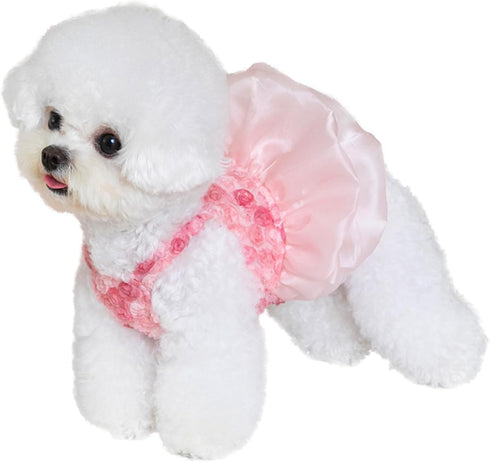 Dog Dresses for Small Dogs Girl Rose Flower Dog Tutu Pink Fairy Pleated Tulle Skirt for Puppy Birthday Party Dress Pet Fashion Outfits (M(Back 9.0...