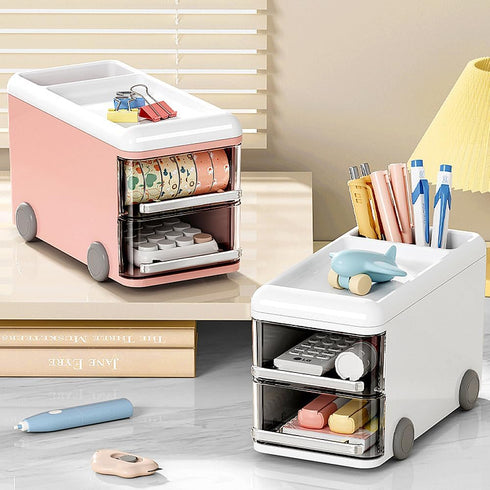 LETURE Cute Desk Organizer with drawers, Plastic Desktop Storage for Business Card/Pen/Pencil/Mobile Phone/Stationery Holder Box, Desktop Organize...