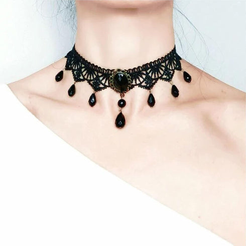 Boho Crystal Lace Choker Necklace Black Teardrop Necklace Choker Gothic Droplet Crystal Collar Necklace Retro Vintage 90s Necklace Chain Jewelry f...