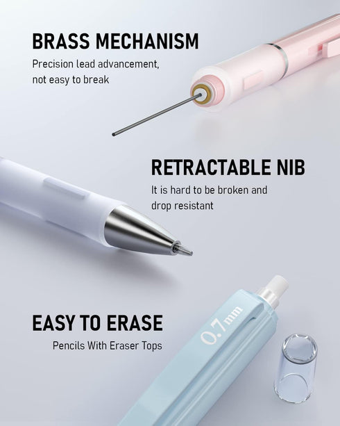 Nicpro 6PCS Pastel Mechanical Pencil Set 0.5 & 0.7 mm with 12 tubes HB Lead Refills, 3 Erasers, 9 Eraser Refills For School Writing, Drawing, Sket...