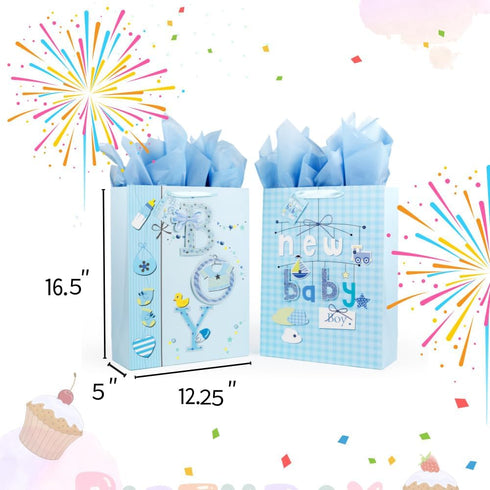Golden J Store 16.5" Extra Large Baby Gift Bags with Tissue Papers for Baby Showers 2-Pack (Blue)...
