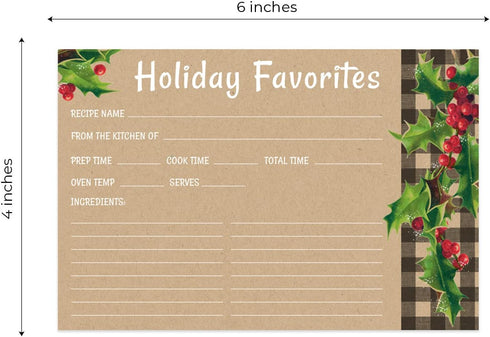 Kraft Look Holiday Favorites Recipe Cards / 50 Rustic Faux Kraft Christmas Recipe Card Pack / 4" x 6" Flat Double Sided Vintage Design Baking Dire...