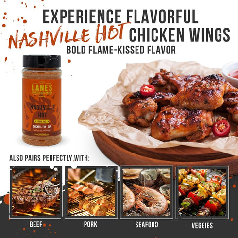 Lane's Nashville Hot Chicken Wing Seasoning, All-Natural Nashville Hot Seasoning, Perfect for Cauliflower, Dips & Fried Chicken Wing Rub, No MSG, ...
