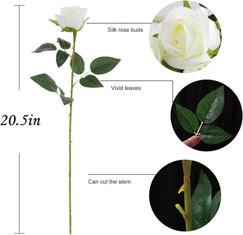 Veryhome Artificial Flowers Silk Roses Fake Bridal Wedding Bouquet for Home Garden Party Floral Decor 10 Pcs (White Straight stem)...