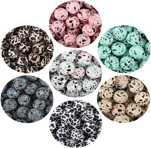 50Pcs Silicone Printed Beads 15mm, Leopard Cow Animal Print Beads, Flower Leaves Plaid Beads, Loose Round Silicone Spacer Beads, for Adults DIY Cr...