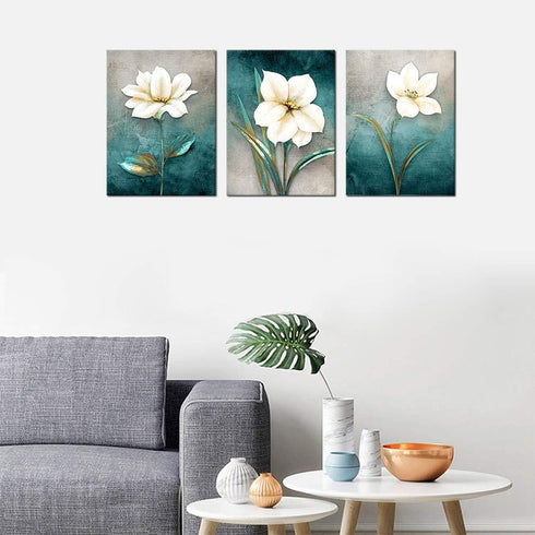 Flower Canvas Wall Art Cream White Floral Wall Decor Turquoise Tealish Grey Background Canvas Picture Modern Rustic Artwork Bathroom Bedroom Livin...