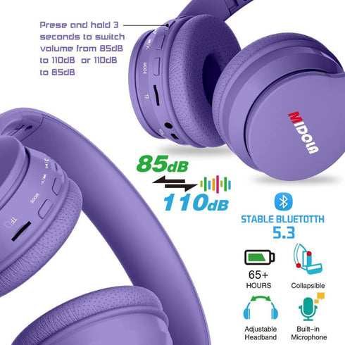 Kids Headphones Bluetooth 5.3 Wireless 60H Play Time Volume Limit 85/110dB Over Ear Foldable Protection Headset/Wired AUX Cord Mic for Boy Girl Tr...