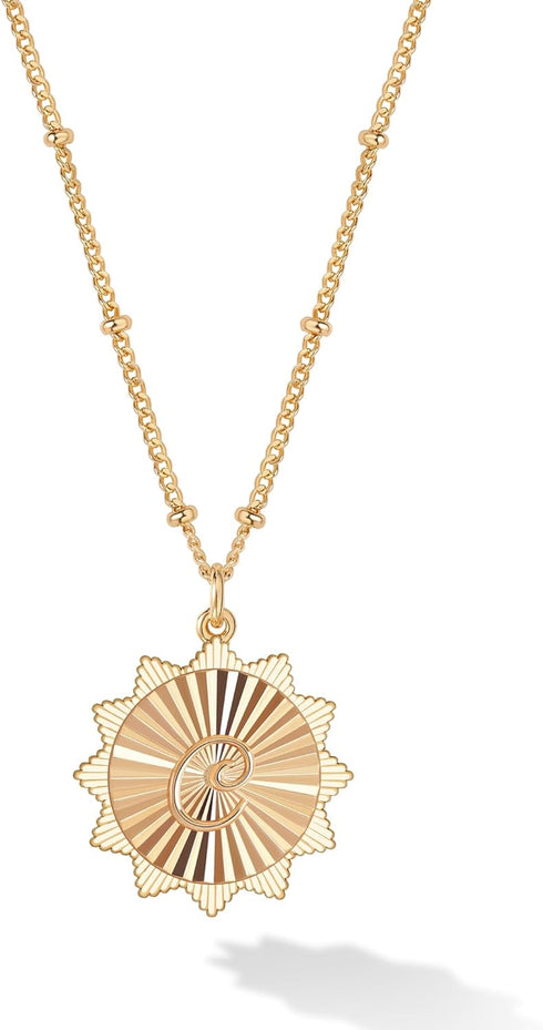 Dremmy Studios Gold Initial Necklace for Women | 14K Gold Plated Sunburst Disc Letter A-Z Coin Pendant Satellite Chain | Personalized Dainty Charm...