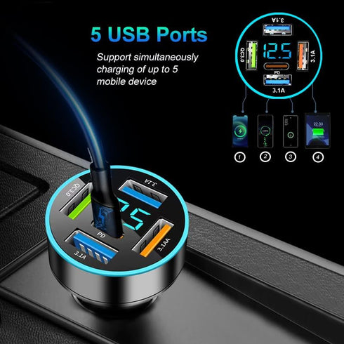 66W Car Charger Adapter 5 Port USB Car Charger PD 30W QC3.0 3.1A Car Cigarette Lighter USB Charger with LED Voltmeter Fast Car Charger Compatible ...