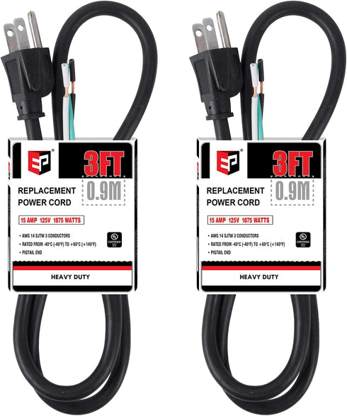 EP 2 Pack 3 ft 14/3C SJTW Appliance and Power Tool Cord, 14 Gauge 3 Prong Heavy Duty Replacement Power Supply Cord Cable, 110V 115V 120V AC Pigtai...