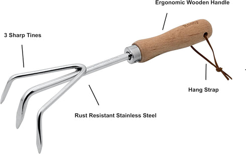Rooty Hand Cultivator with Stainless Steel, Wooden Handle,Easy for Garden Weeding Cultivating,Soil Loosening/Rust Resisitant...