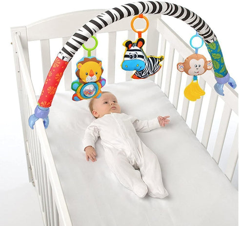 Baby Travel Play Arch Stroller/Crib Accessory,Cloth Animmal Toy and Pram Activity Bar with Rattle/Squeak/Teethers(Stripe)...