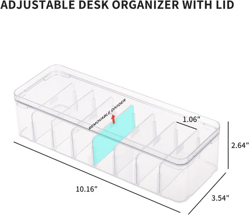 Yesesion Clear Plastic Cable Organizer Box with Adjustment Compartments, Desk Accessories Storage Case with Lid and 10 Wire Ties for Drawer, Offic...